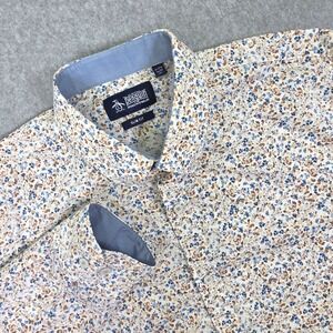 Original Penguin Men's XL Slim Fit Floral Button-Down Shirt Long Sleeve Blue Tan